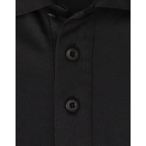 A black polo shirt featuring a collar and three buttons, designed with sustainable poly/cotton fabric and a logo.