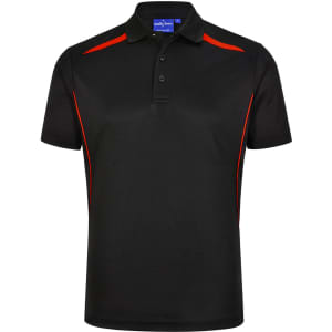 A black polo shirt with red contrast detailing and a branded logo, featuring a classic collar and three-button placket.
