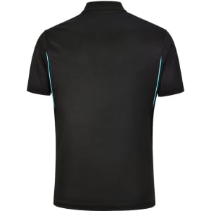 A black men's polo shirt featuring contrast turquoise trim and a logo on the back.