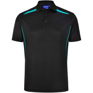 A black polo shirt with turquoise contrast panels and a three-button collar, featuring a logo on the chest.