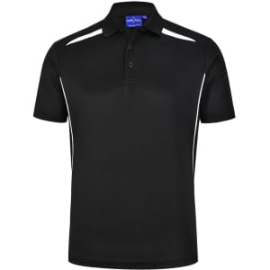 A black sustainable poly/cotton short sleeve polo shirt with white contrast stripes and a collar.