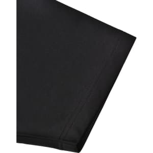 A close-up of the sleeve of a black sustainable poly/cotton polo shirt featuring a logo.