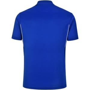 A blue men's sustainable poly/cotton short sleeve polo shirt with contrasting details and a logo.
