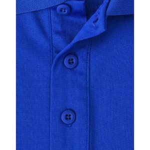 A close-up image of a blue sustainable poly/cotton polo shirt featuring buttons and a collar.