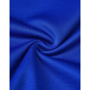 A close-up of vibrant blue fabric showcasing a smooth texture, indicative of a sustainable poly/cotton blend.
