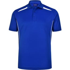 Men's sustainable poly/cotton polo shirt in vibrant royal blue with white contrast detailing and a collar. Features a logo.