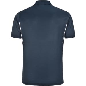 A dark navy blue men's sustainable poly/cotton polo shirt with contrasting white accents. Features a collar and short sleeves.