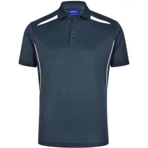 Men's sustainable poly/cotton polo shirt in navy with contrasting white panels. Features a collar and three-button placket.