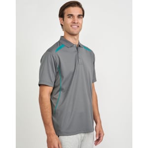 A Men's sustainable poly/cotton contrast short-sleeve polo shirt in grey with teal accents and a logo.