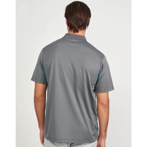 A grey men's sustainable poly/cotton polo shirt with contrast detailing and a collar. It features a logo on the front.