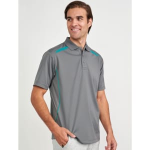 A grey men's polo shirt featuring contrast turquoise detailing and a logo. Short sleeves and a classic collar design.
