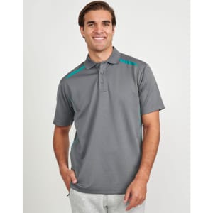 A grey men's polo shirt featuring contrast teal panels and a logo. Short sleeves and a classic collar design.
