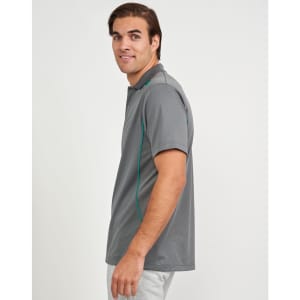 A grey men's polo shirt featuring contrast teal side panels and a logo on the chest.