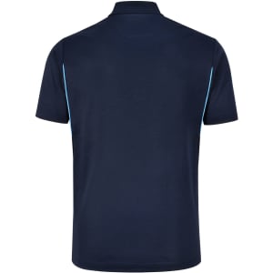 A navy blue men's polo shirt with short sleeves and contrasting light blue side accents. Features a logo.