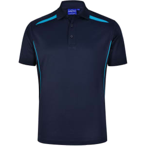 Men's sustainable poly/cotton polo shirt in navy blue with contrasting turquoise panel accents. Features a collar and button placket.