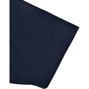 A navy short-sleeved polo shirt, featuring a contrasting design and a logo on the fabric.
