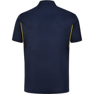 Navy blue men's polo shirt featuring contrast yellow detailing and a logo on the chest.