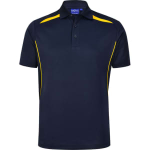 A navy blue polo shirt with yellow contrast detailing and a logo on the chest. Short sleeves and a classic collar.