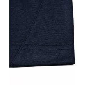 A close-up of a navy blue polo shirt sleeve with contrasting stitching detail. The fabric shows a smooth texture.
