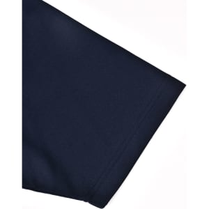 A close-up of the sleeve of a navy blue men's polo shirt with a smooth fabric texture.