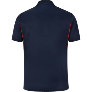 A navy polo shirt with short sleeves and contrast detailing in red. It features a logo on the left side.