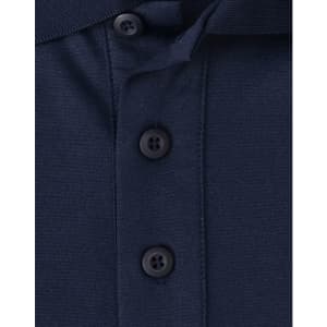 A navy blue polo shirt featuring three buttons and a collar, with a logo on the fabric.