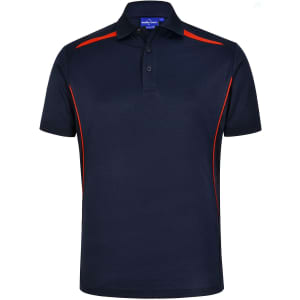 A navy polo shirt with contrasting red side panels and a collar. It features buttons and a logo.