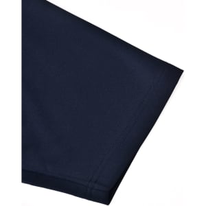 A navy men's sustainable poly/cotton polo shirt featuring a short sleeve design and a logo.