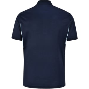 A navy blue polo shirt featuring contrast detailing on the sides and a logo on the chest.