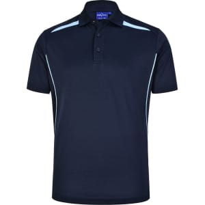 A navy blue polo shirt with contrasting light blue trims and a collar, featuring a logo.