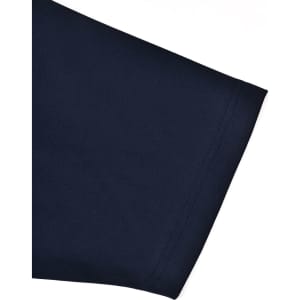 A close-up of a navy blue short-sleeve polo shirt with a smooth fabric texture and a stitched hem.