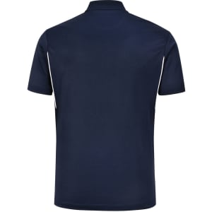 A navy blue short-sleeved polo shirt with contrast detailing and a logo on the front.