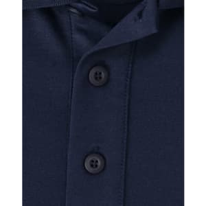 A close-up of a navy men's polo shirt featuring a button placket and collar. The fabric appears soft and sustainable.