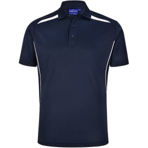 A navy blue sustainable poly/cotton polo shirt with white contrast stripes and a collar. It features a logo.