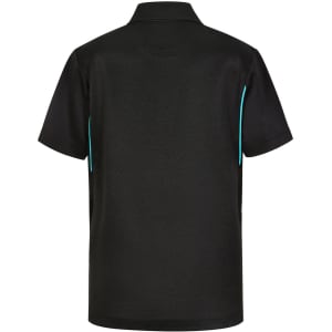 A black short-sleeved polo shirt with contrasting turquoise details and a logo. Suitable for kids.