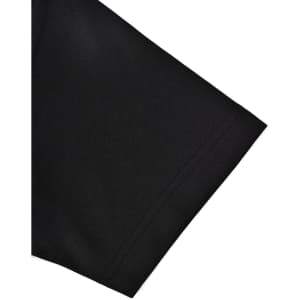 A close-up view of a black polo shirt sleeve featuring a contrast trim and a logo.