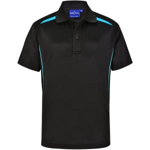 A black polo shirt featuring teal contrast panels and a collar. The shirt has a logo on the chest.
