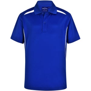 A blue kids' short-sleeve polo shirt with white contrast stripes and a logo on the chest.