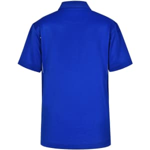 A blue kids' polo shirt with short sleeves and a collar, featuring a logo on the back.
