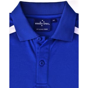 A blue polo shirt with a collar, featuring white contrast stripes and buttons. It has a logo on the inside label.