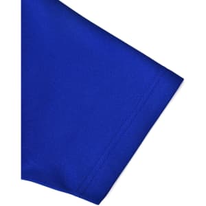 A vibrant blue sleeve of a polo shirt made from sustainable poly/cotton fabric, featuring contrasting details.