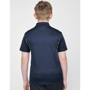 A navy blue kids' polo shirt with contrasting details, featuring a logo on the back.