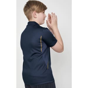 A navy blue kids' polo shirt featuring short sleeves and contrast detailing. The shirt includes a logo.