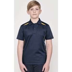 A navy blue kids' polo shirt with contrast yellow detailing and a collar. It features a logo on the front.