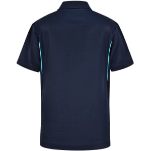 A navy blue kids' polo shirt featuring contrast detailing and a collar, with a branding logo present.
