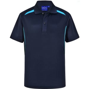 A dark navy polo shirt with contrasting turquoise stripes and a collar, featuring a branding logo.