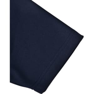 A close-up of a navy short-sleeved polo shirt with a clean hem and sleeve detail, featuring a logo.
