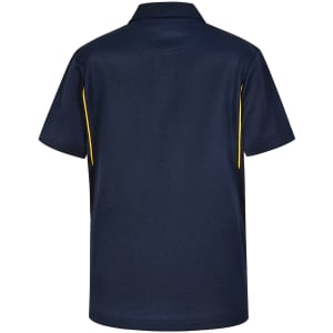 A navy blue kids' polo shirt with contrasting yellow side panels and a collar. It features a logo on the front.