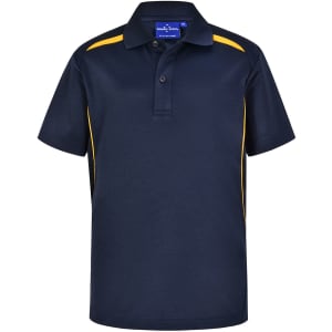 A navy blue short-sleeve polo shirt with yellow contrast detailing and a collar, featuring a branded logo.