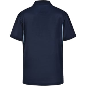 A navy polo shirt with contrast detailing, featuring a classic collar and short sleeves. Includes a logo.